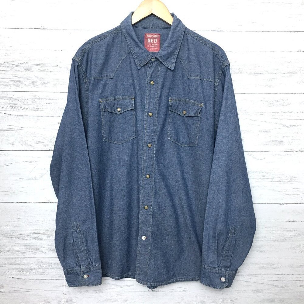Wrangler Red Men's Blue Denim Shirt Snap Front Long Sleeves Cotton XL